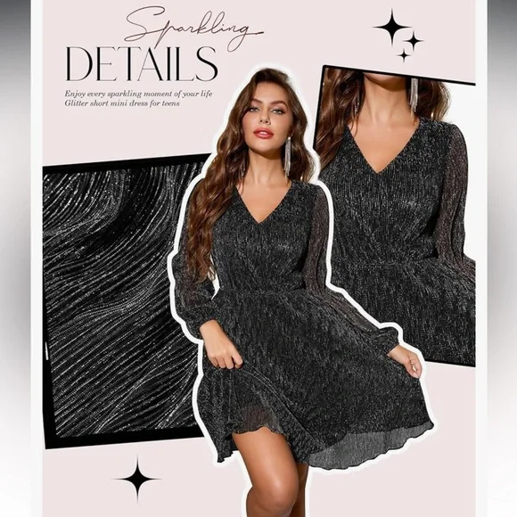 NWT Black Glitter Plissé Mini Dress V-Neck Long Sleeve Metallic Sparkle large - Picture 13 of 13